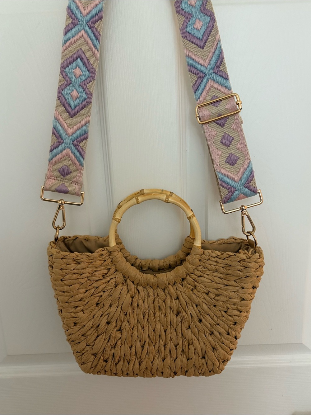 Woven Straw Tote with Bamboo Handles and Removable Patterned Strap - Tan